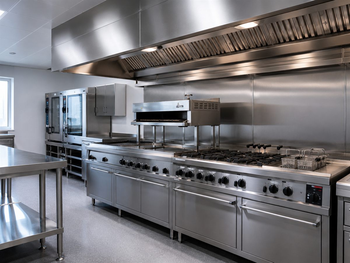 Stainless steel commercial catering kitchen with a gas range, representing catering gas work in Liverpool