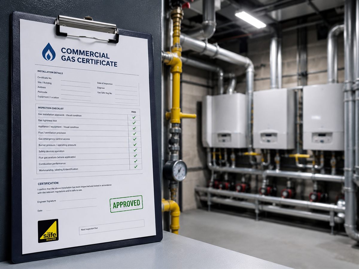 Approved commercial gas certificate in front of boilers, representing compliance work in Manchester