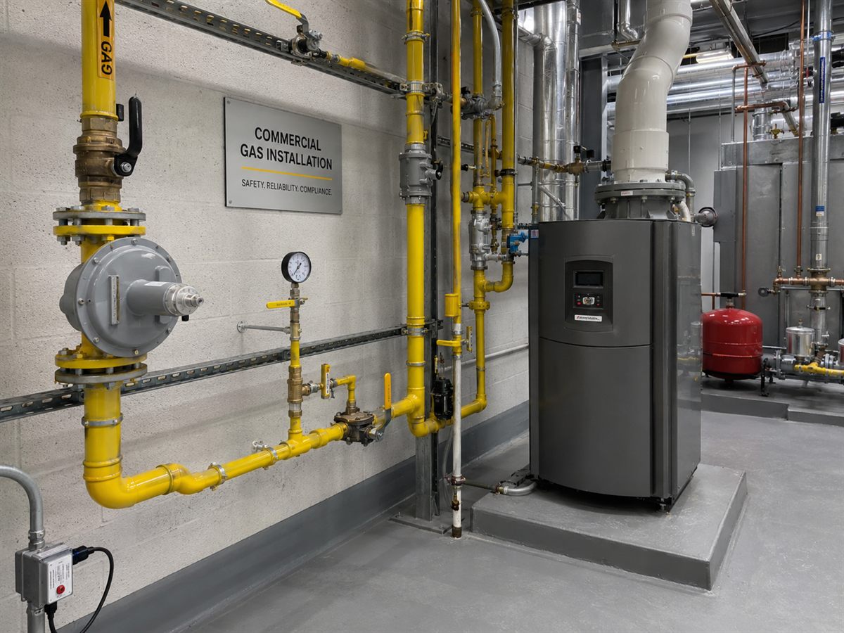 Commercial gas engineers in London Commercial gas installation with yellow gas pipework and a boiler in a London plant room