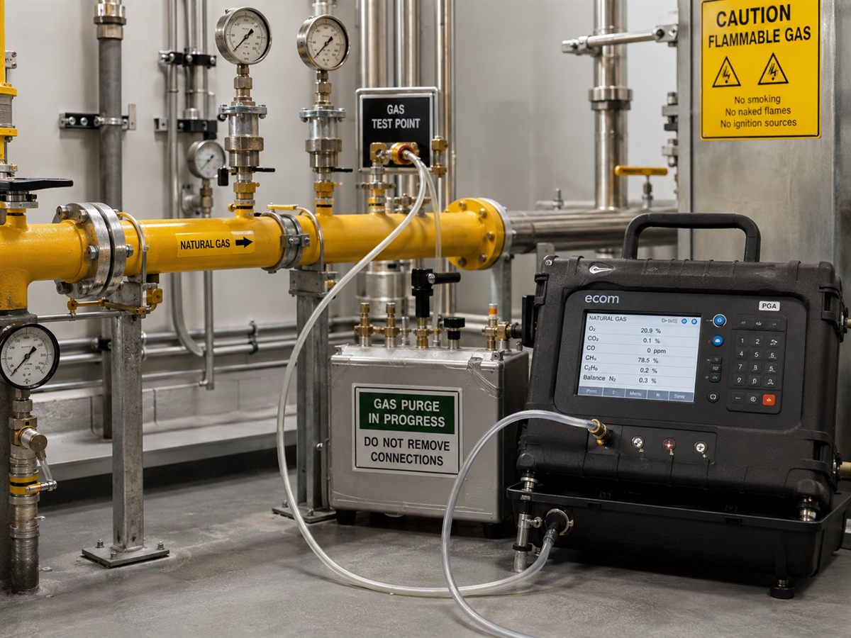Flue gas analyser on commercial gas pipework during testing and purging in Leeds