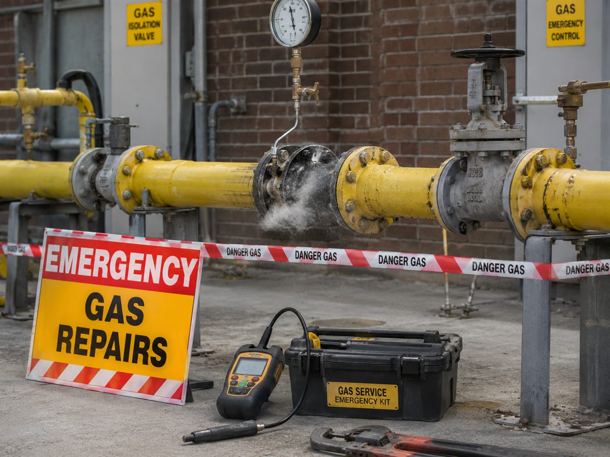 Commercial gas engineers in Bristol Emergency commercial gas repair at a leaking gas pipe, representing rapid response in Bristol