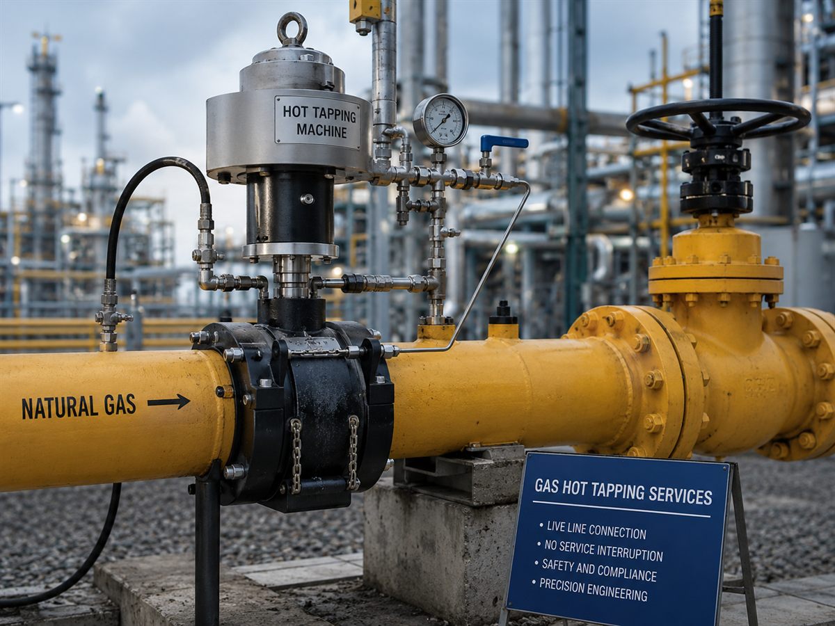 Hot tapping machine on a live gas pipeline, representing commercial gas pipework in Sheffield